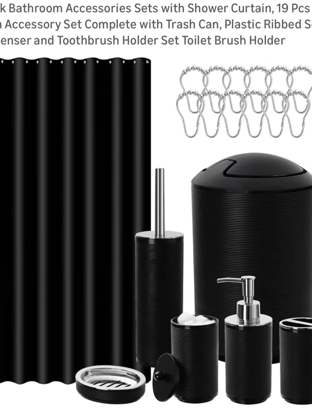 Black Bathroom Accessory Set with Shower Curtain - 7-Piece